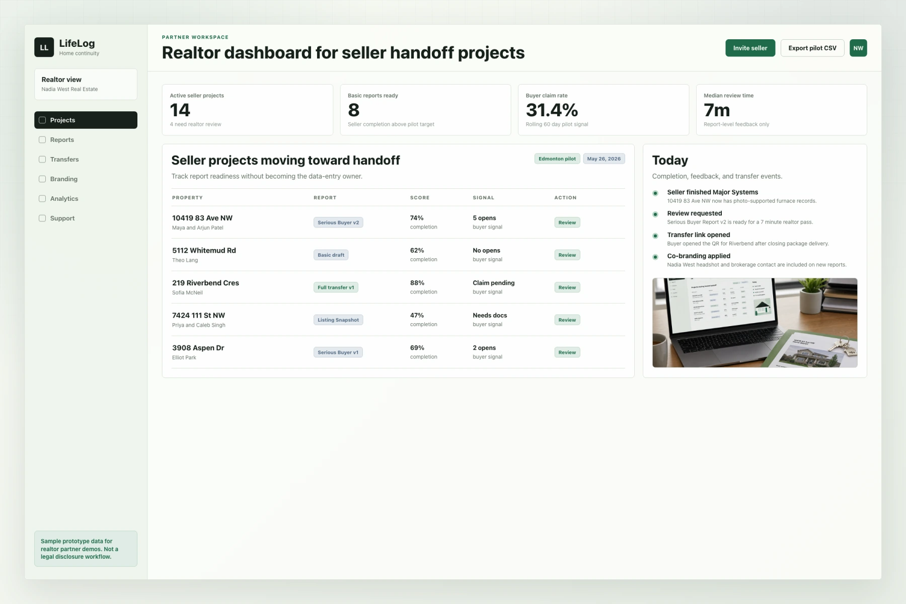LifeLog realtor dashboard showing seller handoff projects.