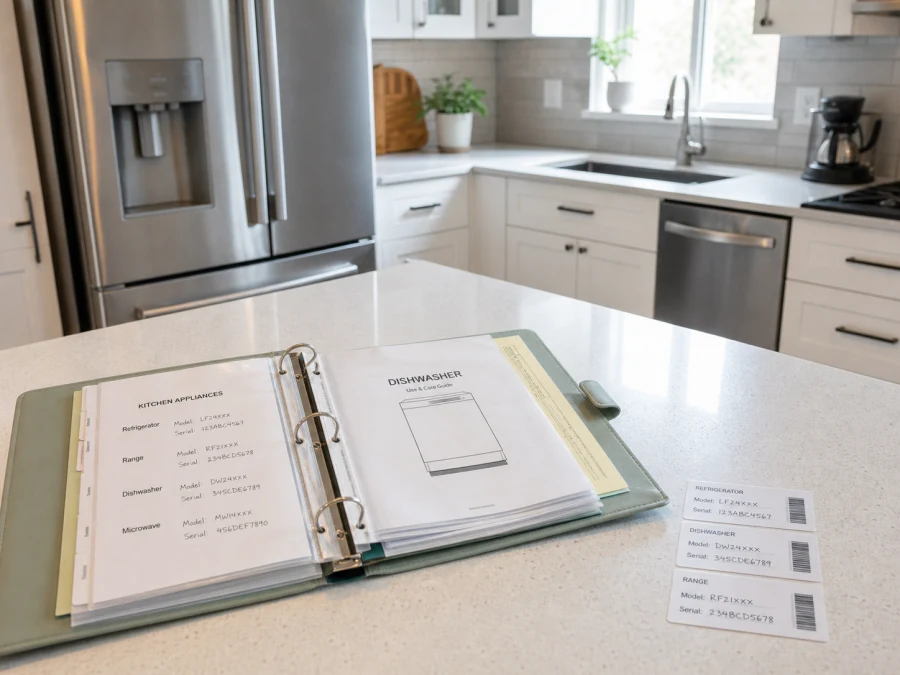 Kitchen manuals and appliance records prepared for a home handoff.